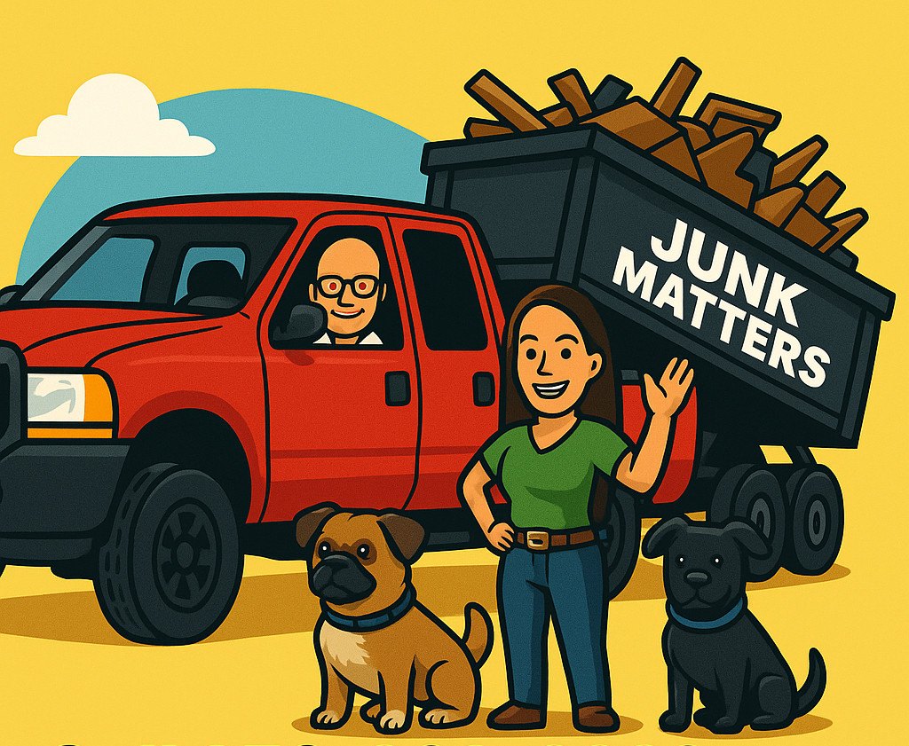 Illustration of the Junk Matters team with their red truck, loaded trailer and two dogs