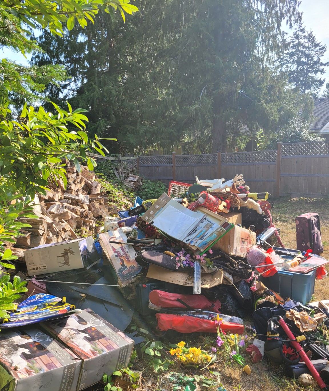 A large pile of accumulated household junk filling a backyard before a Junk Matters cleanout in Nanaimo